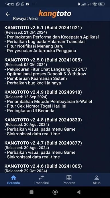 Tampilan riwayat versi kangtoto